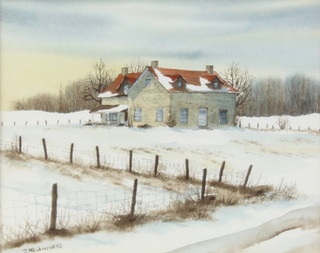 J M Robinson '88, watercolour, winterscape with country house 19cm x 25cm 