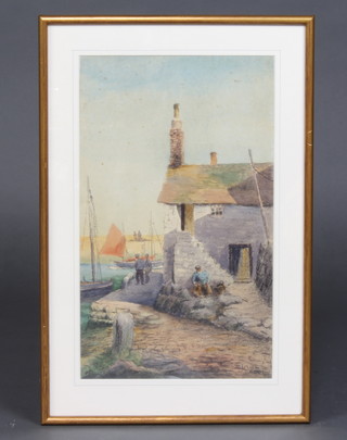 E J Hall, watercolour, signed, a West Country harbour scene with figures 27cm h x 22cm w