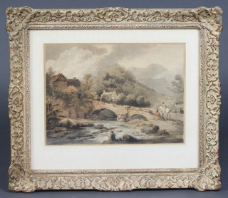 A 19th Century coloured print, "Figures before a Bridge in a Mountainous Landscape" 23cm h x 32 cm w
