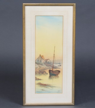 GM, watercolour, monogrammed, "Coastal study with Boats" 38cm h x 13cm w