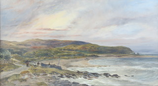 Edwardian oil on board unsigned, West Country coastal study with figures and boats 30cm x 55cm 