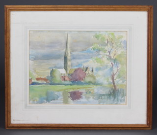 D E H '38, watercolour, "Salisbury Cathedral" 27cm x 35cm 