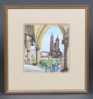 20th Century pen and wash, indistinctly signed, "A Continental Town Square with Figures" 19cm h x 19 cm w