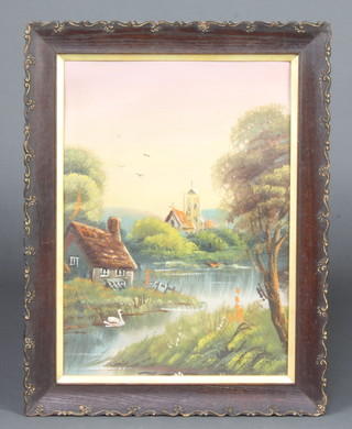 An Edwardian oil on canvas, unsigned, rural scene with pond, swan and distant church 35cm x 25cm 