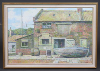 D Plenderleith, oil on board, "Fish store, South Wold" 47cm h x 69cm w