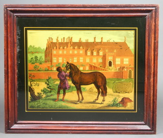 A reproduction reverse print on glass Welbeck with a stable boy and horse standing before a country house 36cm x 50cm 