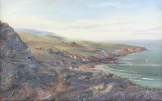 19th Century oil on board, West Country coastal scene with distant boats and buildings 34cm x 54cm (some damp damage to painting) 