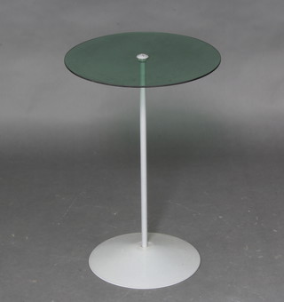 Mid Century, a circular glass and metal pedestal table 60cm h x 40cm diam.