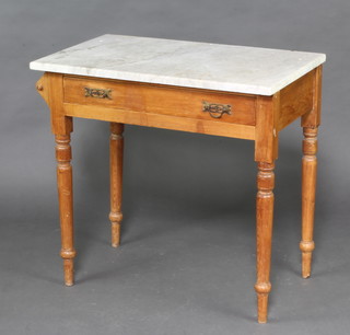 A Victorian pine wash stand with white veined marble top, fitted and drawer and with towel rail to the side, on turned supports 73cm h x 77cm w x 46cm d (3 holes to the top of the marble)  