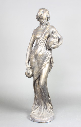 A concrete garden figure of a standing lady with 2 ewers 127cm h x 40cm x 30cm 
