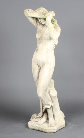 A concrete garden figure of a standing classical lady with raised arms 115cm h x 33cm w x 29cm d