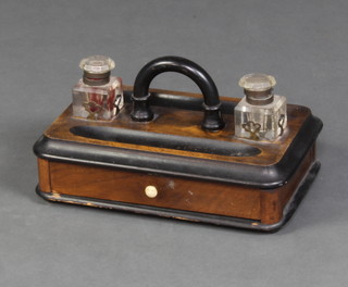 A Victorian  walnut 2 bottle ink stand the top fitted 2 pen recesses and the base fitted a drawer 14cm h x 30cm w x 19cm d