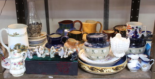 A stoneware tobacco jar and cover, glazed figures and minor decorative china