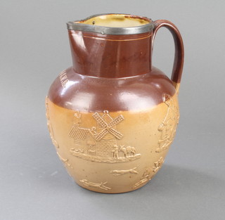 A Victorian Doulton Lambeth stoneware jug with copper lip stamped L&SWR 