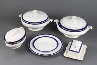 An Empire ware dinner service comprising 3 vegetable tureens, 2 sauce tureens, 7 small plates, 5 medium plates, 18 dinner plates, 3 meat plates and a cheese dish and cover 