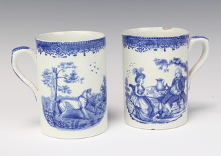 Two 19th Century English transfer print mugs decorated with figures and dogs in landscapes 14cm (both are cracked and chipped) 