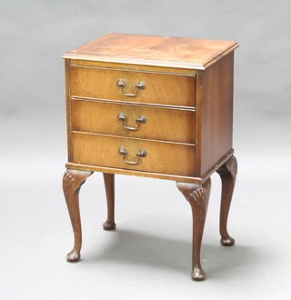 A Georgian style walnut chest with crossbanded top and 3 long drawers, raised on cabriole supports 66cm h x 45cm w x 33cm d 