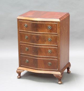 A Georgian style walnut chest of 4 long drawers and serpentine outline, on cabriole supports 70cm h x 47cm w x 37cm d 
