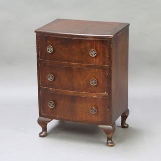A mahogany bow front chest of 3 short drawers, raised on cabriole supports 64cm h x 36cm w x 35cm d 