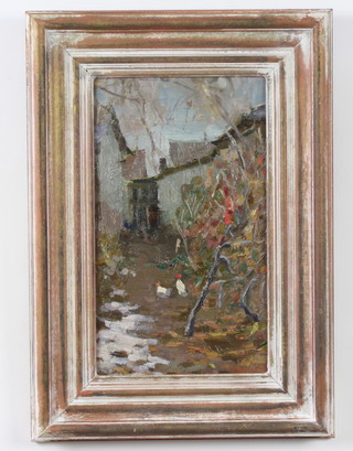 20th Century Russian oil on canvas, unsigned, farmyard scene with chickens 35cm x 20cm 