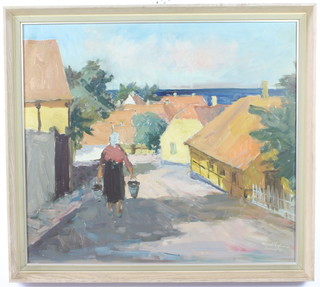 20th Century oil on canvas indistinctly signed, townscape with figure 60cm x 67cm 