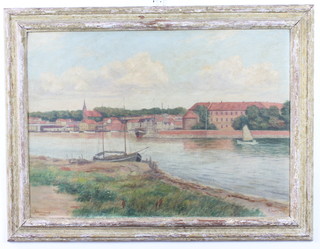 M Skodstrup, oil on board, Continental riverscape with buildings 50cm x 70cm 