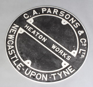A circular cast aluminium sign marked C A Parsons & Company Ltd Heaton Works Newcastle Upon Tyne 71cm diam. together with a metal till front marked National Dayton Ohio 