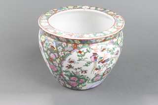 A Canton famille rose style polychrome fish bowl decorated birds 20cm h x 26cm diam.  
