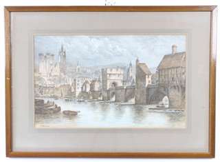A 19th Century engraving H W Brewer, study of a Continental riverscape 29cm x 48cm 