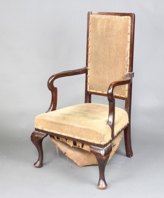 A Georgian style mahogany open arm chair with upholstered seat and back