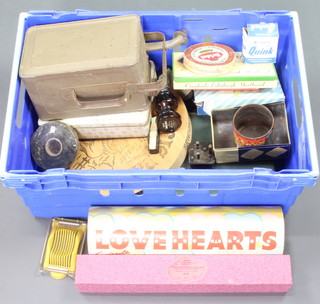 A metal blue paraffin can and other tins, packaging etc 