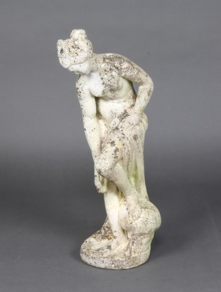 A well weathered concrete garden figure of a standing classical naked lady 61cm h x 20cm d