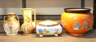 An Art Deco ivory pottery jardiniere decorated figures, a 1930's square pottery dish with plated mounts, a Myotts jug decorated a crinoline lady and a twin handled vase 