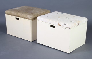 A pair of rectangular white laminate ottomans with hinged lids 40cm h x 65cm w x 52cm d 