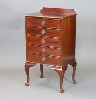 A 1930's mahogany music chest with raised back fitted 5 drawers, raised on cabriole supports 92cm h x 51cm w x 37cm d 
