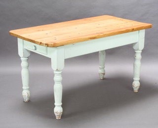 A pine kitchen table with pastel green painted base, 78cm h x 137cm w x 73cm d