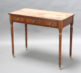 A 19th Century inlaid mahogany side table fitted 1 long and 2 short drawers, raised on turned supports 77cm h  x 93cm w x 46cm d
