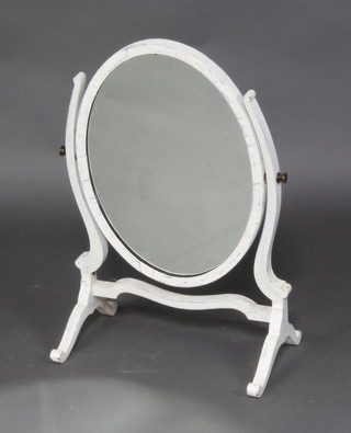 A Sheraton style oval plate dressing table mirror contained in a grey painted swing frame 59cm h x 39cm w x 25cm d