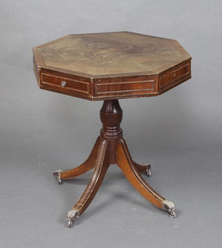 A Georgian style octagonal bleached mahogany and  crossbanded occasional table fitted 2 drawers on pillar and tripod supports 61cm h x 60cm w x 60cm d  
