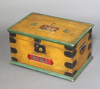 A reproduction Victorian painted trunk with hinged lid, decorated a crown and dated 1887 marked Hull 29cm h x 54cm w x 36cm d  