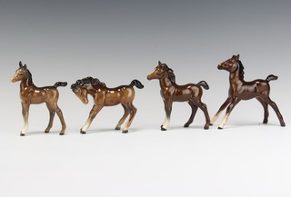 A Beswick figure foal, large stretched, 836 brown gloss 12.7cm, ditto Arab foal 1407 brown gloss 11.9cm, ditto foal medium almost stood square 1084 brown gloss and a foal medium head down 1085 8.9cm, all by Arthur Greddington 