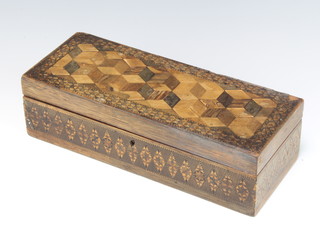 A Victorian rectangular Tunbridge Ware trinket box with hinged lid and geometric marquetry panelling to the top 8cm h x 27cm w x 10cm d 