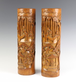 A pair of Chinese carved bamboo vases decorated figures 38cm x 10cm 