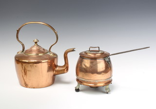 An Art Nouveau Archer System copper, brass and steel electric saucepan with polished steel handle, raised on brass panel supports with porcelain feet (1 foot missing) together with a 19th Century copper kettle 12cm x 20cm diam. (some dents)
