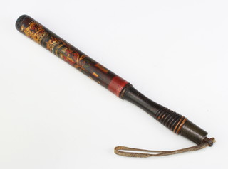 A Victorian turned and painted wooden police truncheon with crowned town arms with Royal cypher, having a leather lanyard, 39cm 