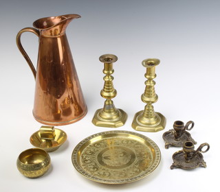 A Sankey and Sankey waisted copper jug 27cm x 16cm, a pair of 19th Century brass candlesticks 20cm (1 with old repair), an engraved Eastern brass salver on bun feet 21cm, ditto matchbox stand, circular ashtray and a pair of gilt metal candlesticks