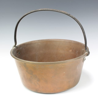 A circular copper preserving pan with steel handle 16cm h x 35cm diam. 