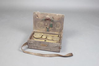 S Brandfield scale makers of Brighton - a pair of brass Weights and Measures pan scales comprising 7 weights and 2 brass pans contained in an oak carrying case  