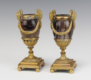 A pair of Blue John and gilt ormolu Adam style urns with ram mask and swag decoration 17cm x 6cm x 6cm 