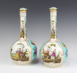 A pair of late 19th Century German porcelain bottle vases decorated with panels of figures and flowers with lids 32cm 